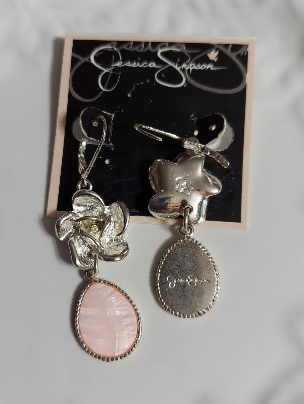 Jessica Simpson/Textured Silver Rose w/Oval Framed Faux Pink Shell Drop Earrings